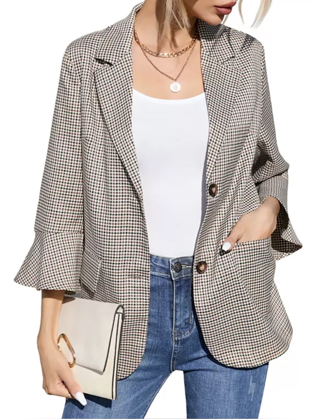 Marketplace Women’s Flutter Sleeve Blazer in Brown Check